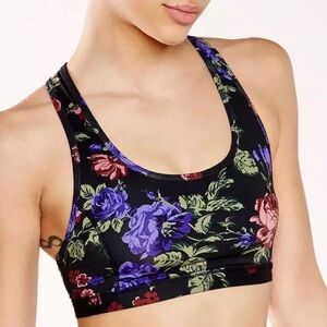 Urban Outfitters Black Floral Racerback Sports Bra with Purple & Pink Blooms